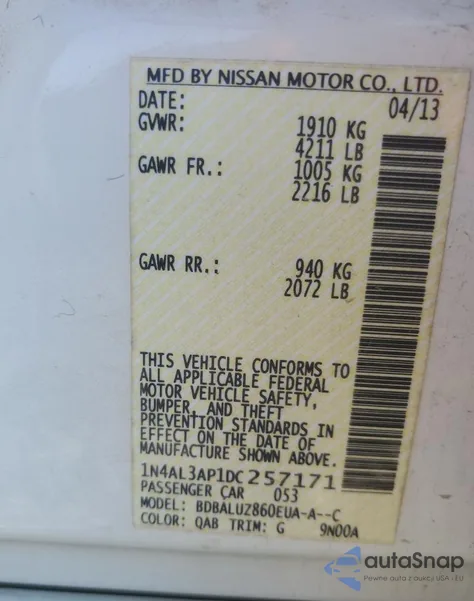 2013 Nissan Altima 2.5 from USA, damaged, VIN 1N4AL3AP1DC257171